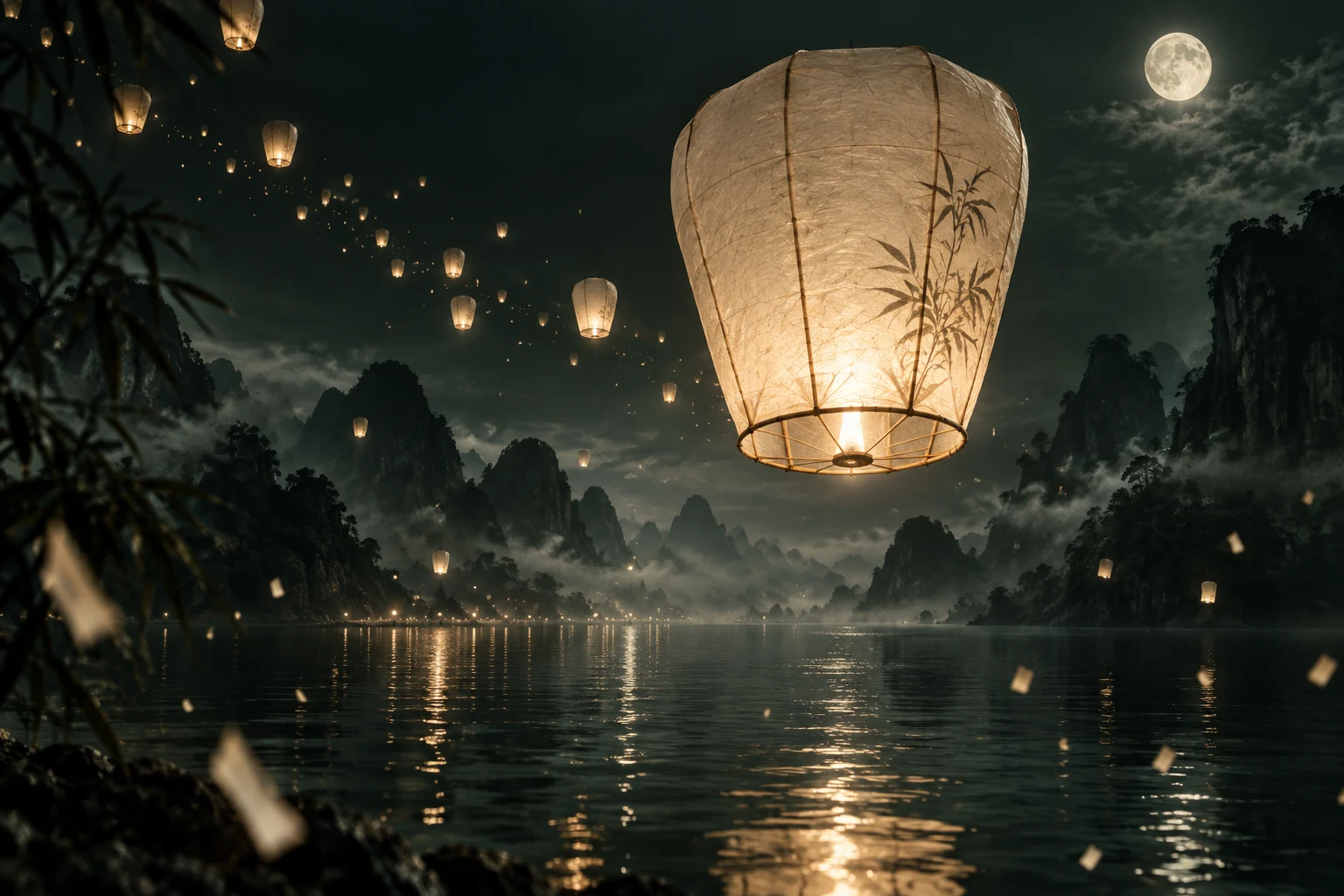 温暖的孔明灯飞过山水之间的中秋夜空