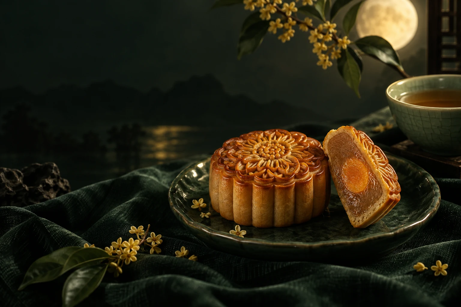 月光下，青瓷盘上的莲蓉蛋黄月饼与桂花茶